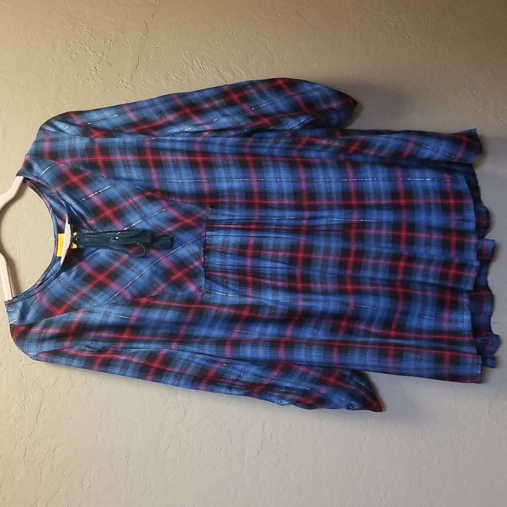 RUBY RD, Fits like Sz 1X/2X, Blue/red Plaid w/ Silver threads, EUC CL#140